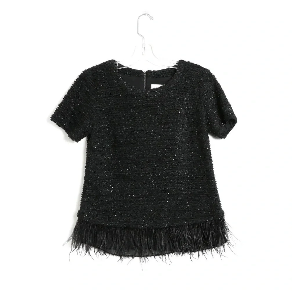 NWOT Anthropologie Deletta black tweed top feathers trim XS cocktail new party - Picture 2 of 8